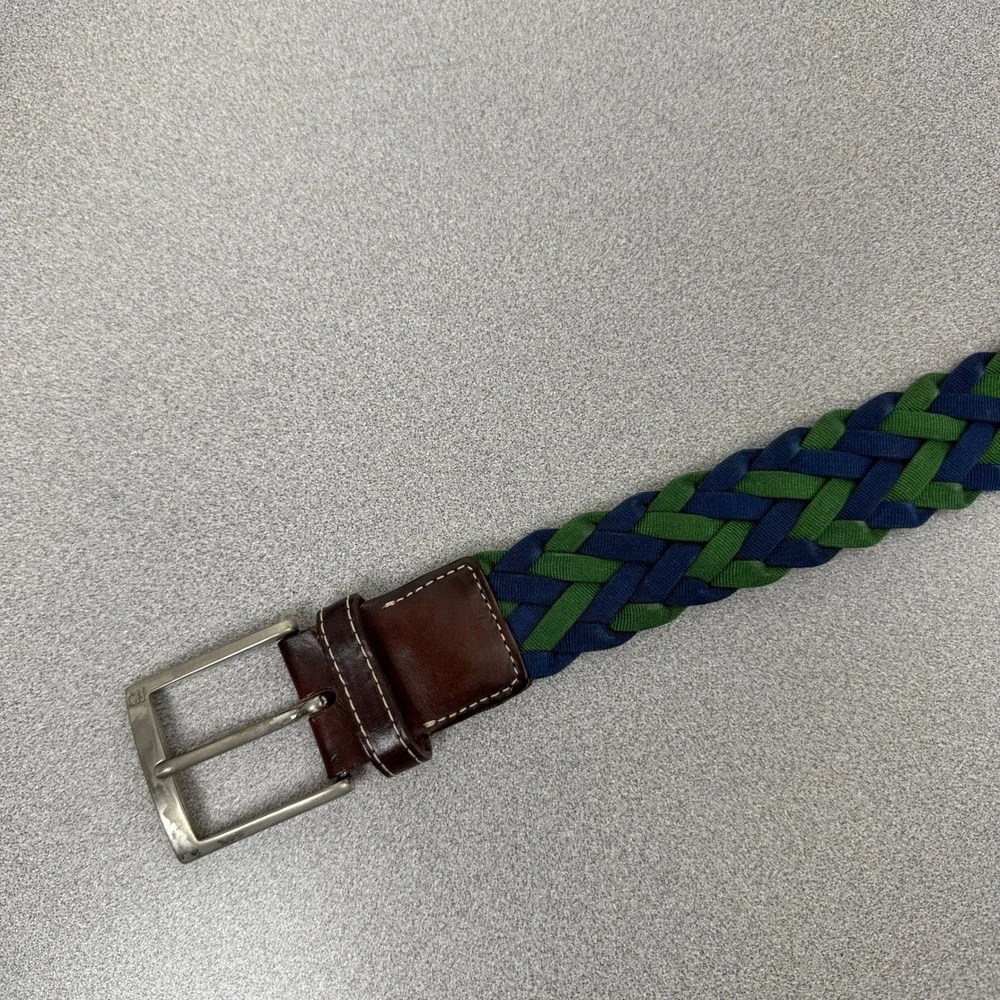 Carolina Herrera Belt Mens Blue Green Braided Woven Leather Trim Spain 46.5